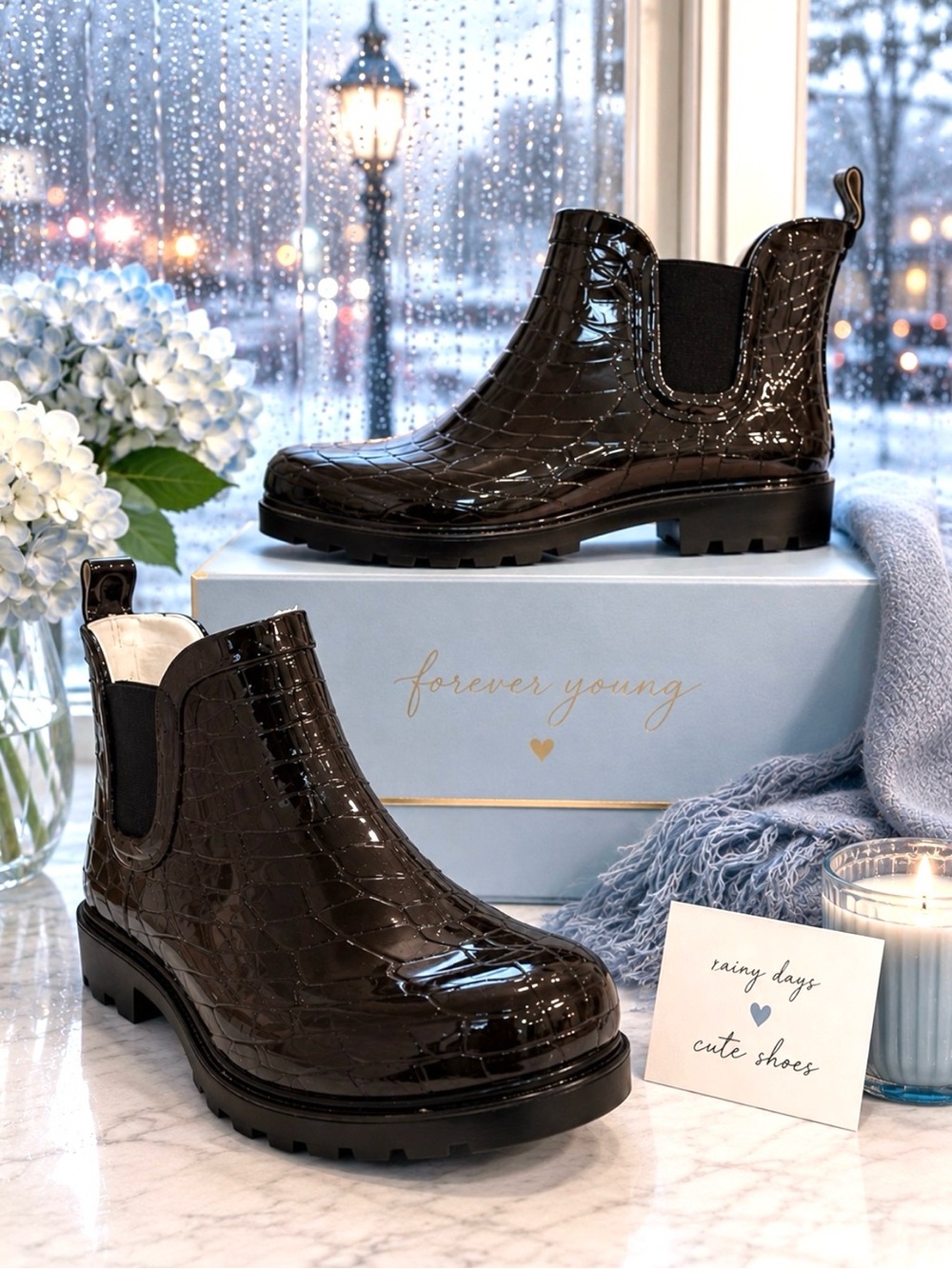 FOREVER YOUNG Black patent embossed all-weather utility rain booties w/pull tabs